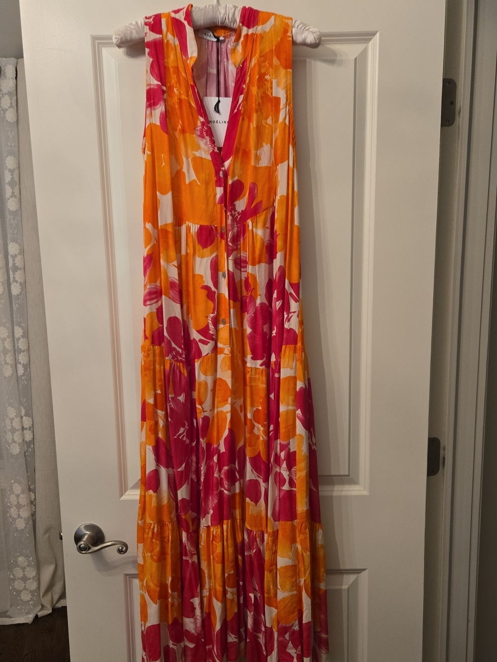 Sleeveless Pink & Orange Floral Tiered Maxi Dress by Madeline